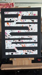 Abstract Black White Splatter Painting with Geometric Stripes, Unframed