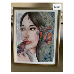 Illustration Art Watercolor Portrait Painting, Woman & Flowers, Handmade