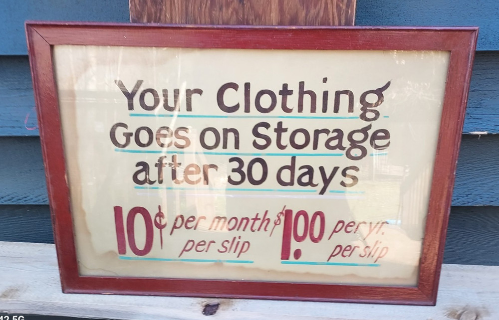 Hand Painted Clothing Sign 1930 laundry mat clothes go on storage after 30 days