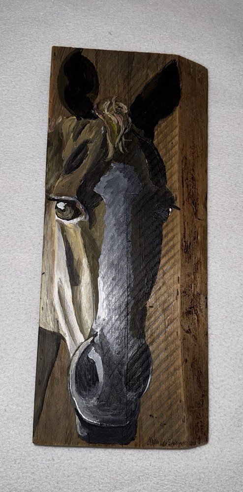 Original Folk Art Signed HORSE PORTRAIT On Rustic Wood Plank Board Painting 2015