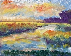 Vibrant Impressionist Landscape Oil Painting Golden Marsh Dramatic Sky Sembereck