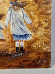 Original Oil Painting on Canvas Two Small Girls Walk Together in Field 11 x 14