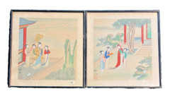 C18th-19th Signed Pair of Framed Japanese Women Antique Silk Paintings 42cmx45cm