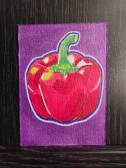 ACEO Original Red Bell Pepper Art Card Alcohol Marker/Acrylic 2.5 In x3.5 In
