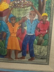 Vintage Haitian Folk Art Painting Signed Paul Market Scene Naïve Framed Oil(