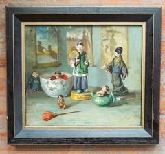 Antique Oil on Canvas Painting of Chinoiserie Chinese Dolls Signed Illegibly
