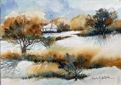 Original Pamela Wilhelm Loos Watercolor Hills Farm White House Early Winter