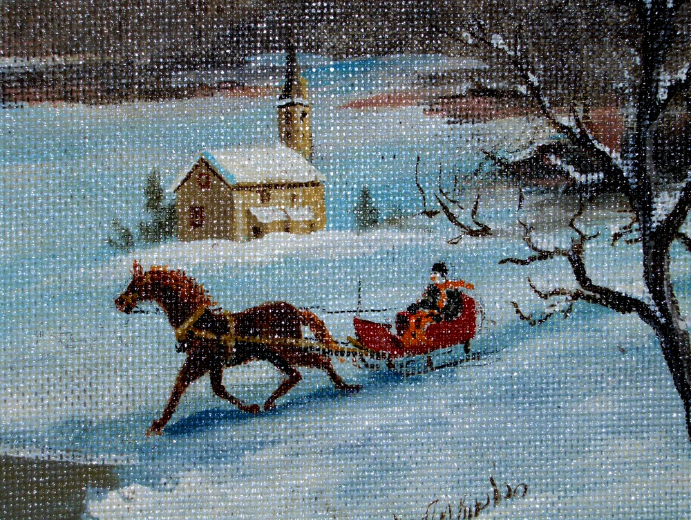 Original Dvorak Winter Landscape Ice Snow Church Fence Creek Oil Canvas Painting