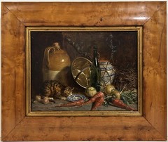 19th c. British Oil Painting CAT IN KITCHEN Joseph Kennedy BIRDSEYE MAPLE FRAME