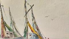 Huge John Luini New England Harbor Fishing Boat Vtg Canvas Oil Painting 52″x29″