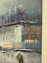 Original Oil Painting Rainy Paris France Impressionist Scene Purple Blue Framed
